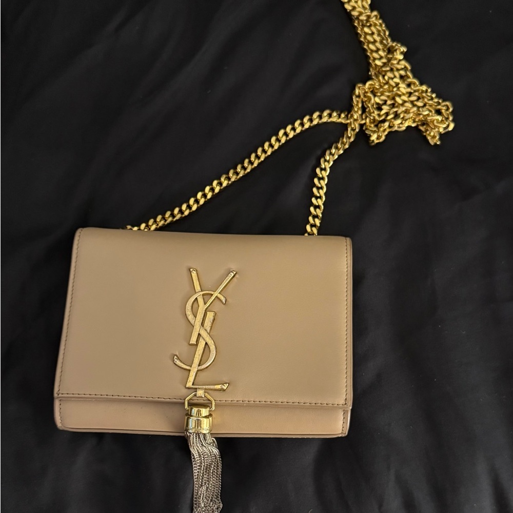Yves Saint Laurent Beige Leather Crossbody with Gold Chain